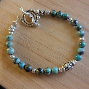 Chrysocolla hematite Beaded Teal Turquoise Beads Bracelet Silver jewelry 8"